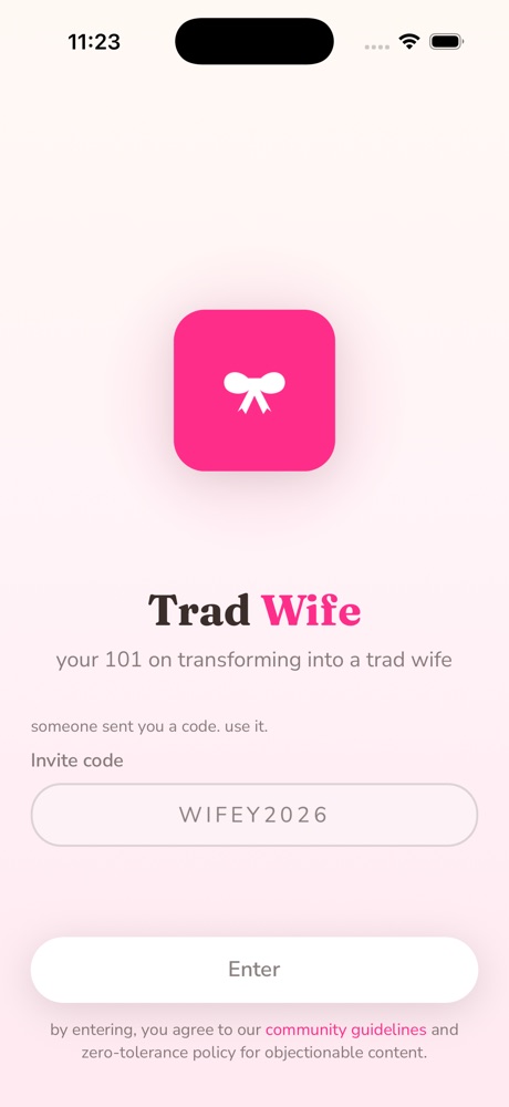 Trad Wife's invite code screen with the bow mark and the line your 101 on transforming into a trad wife