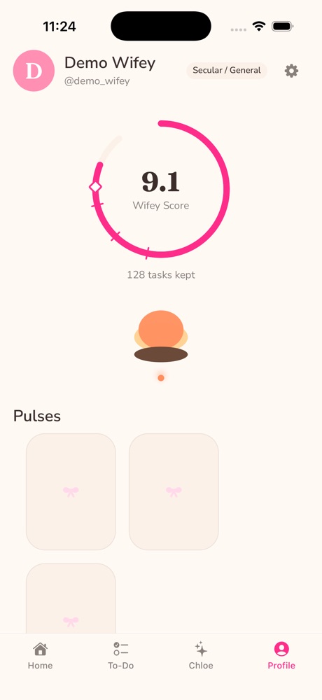 Trad Wife profile screen with a Wifey Score of 9.1, the ring's diamond set, and 128 tasks kept