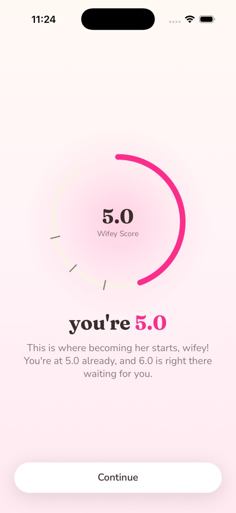 The Ring reveal moment at onboarding, showing a starting Wifey Score of 5.0