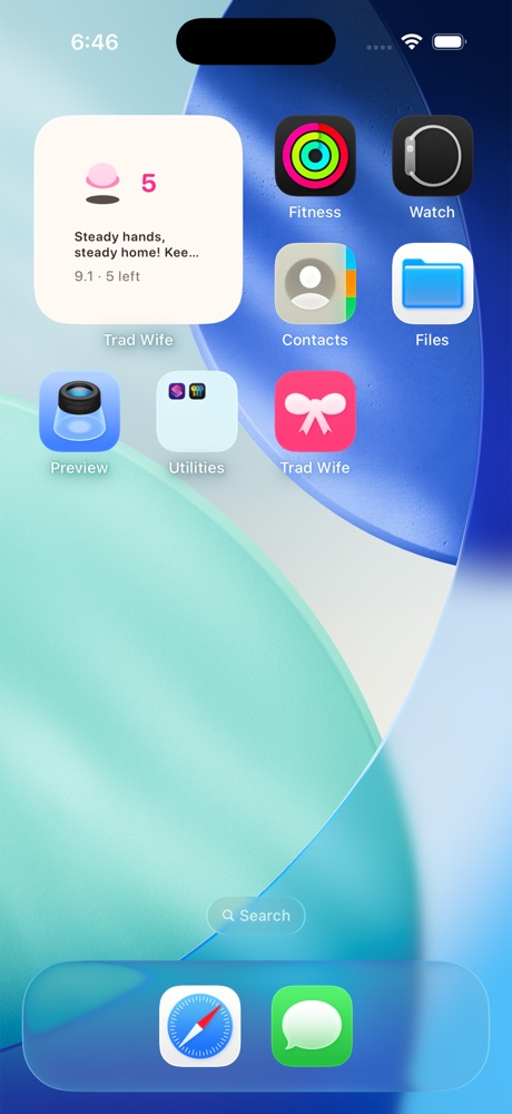 iPhone home screen with the Trad Wife widget showing a 5 day streak, a lit hearth, and today's Chloe-written line